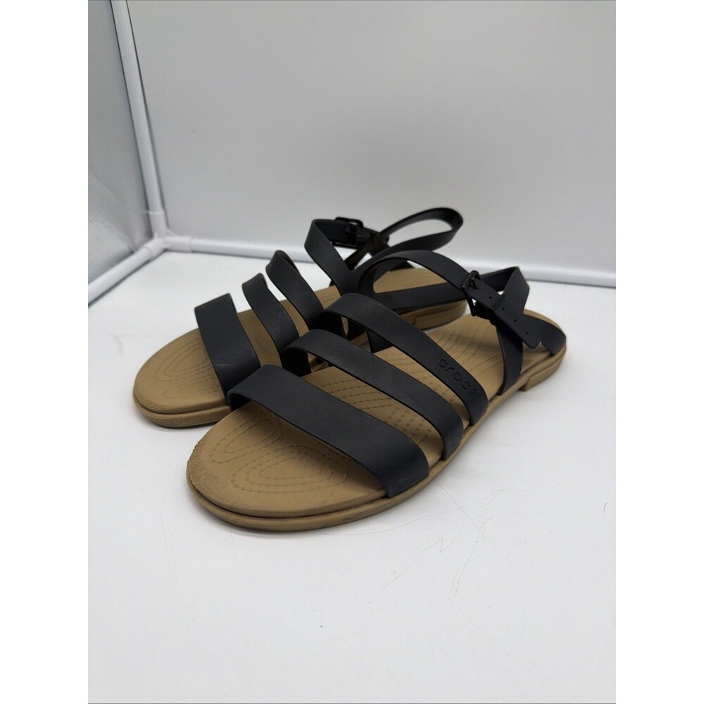Crocs Tulum Strappy Sandals Women’s Size 10 Black Tan Ankle Strap Comfort 206107